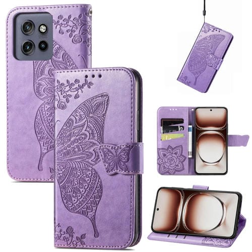 Funda de Cuero con Relieve Mariposa y Flor para Motorola Edge 50 Neo (Morado Claro)