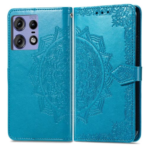 Funda para Motorola Edge 50 Pro de Cuero con Relieve de Flores Mandala (Azul)