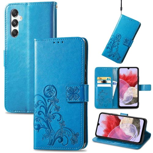 Funda para Samsung Galaxy M34 5G Cuero con Hebilla en Relieve y Cierre de Cuatro Hojas (Azul)