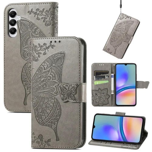 Funda para Teléfono Samsung Galaxy A05S Cuero Relieve Flor de Amor y Mariposa (Gris)