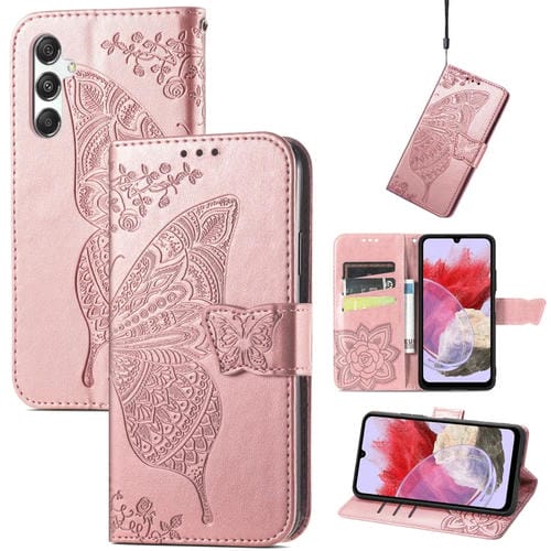 Funda para Teléfono Samsung Galaxy M34 5G Cuero con Relieve Flor Amor y Mariposa (Oro Rosa)