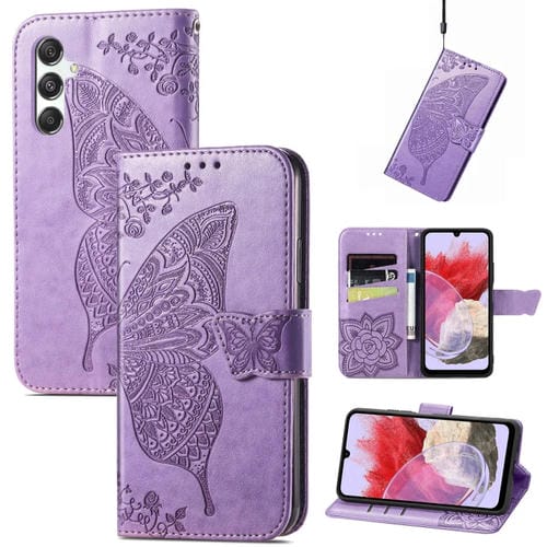 Funda para Teléfono Samsung Galaxy M34 5G Cuero Relieve Flor Amor y Mariposa (Púrpura Claro)