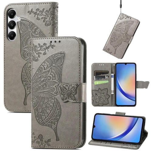 Funda para Teléfono Samsung Galaxy A35 5G Cuero Relieve Flor de Amor y Mariposa (Gris)