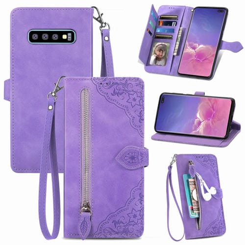 Funda de Cuero para Samsung Galaxy S10 con Cremallera y Flores en Relieve (Púrpura)