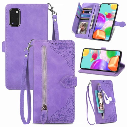 Funda de Cuero Samsung Galaxy A41 con Cremallera y Flores en Relieve (Púrpura)