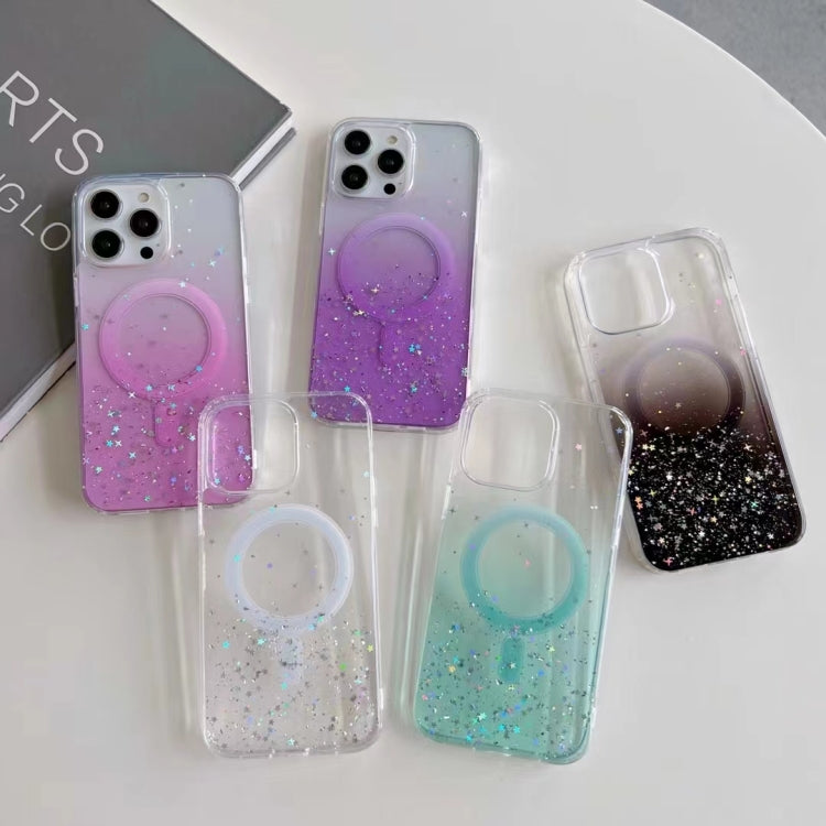 Funda híbrida de TPU transparente con purpurina MagSafe para iPhone 16 Plus (negra)