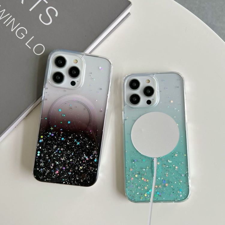Funda híbrida de TPU transparente con purpurina MagSafe para iPhone 16 Plus (morada)