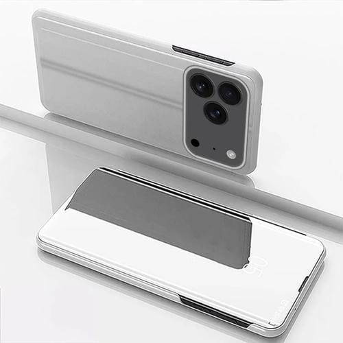 Funda de cuero con tapa horizontal y espejo plateado para iPhone 17 Pro con soporte (plateada)