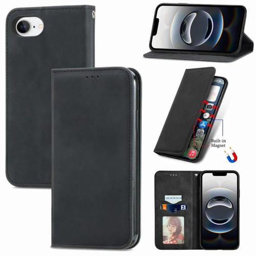 Funda de Cuero con Tapa Magnética y Tacto Retro para iPhone 16E (Negra)