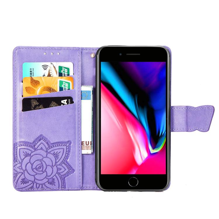 Funda de Cuero para iPhone 16E con Relieve de Mariposa y Flor (Lavanda)