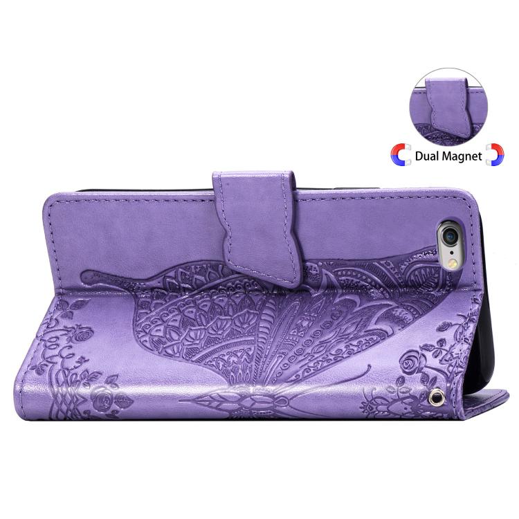 Funda de Cuero para iPhone 16E con Relieve de Mariposa y Flor (Lavanda)