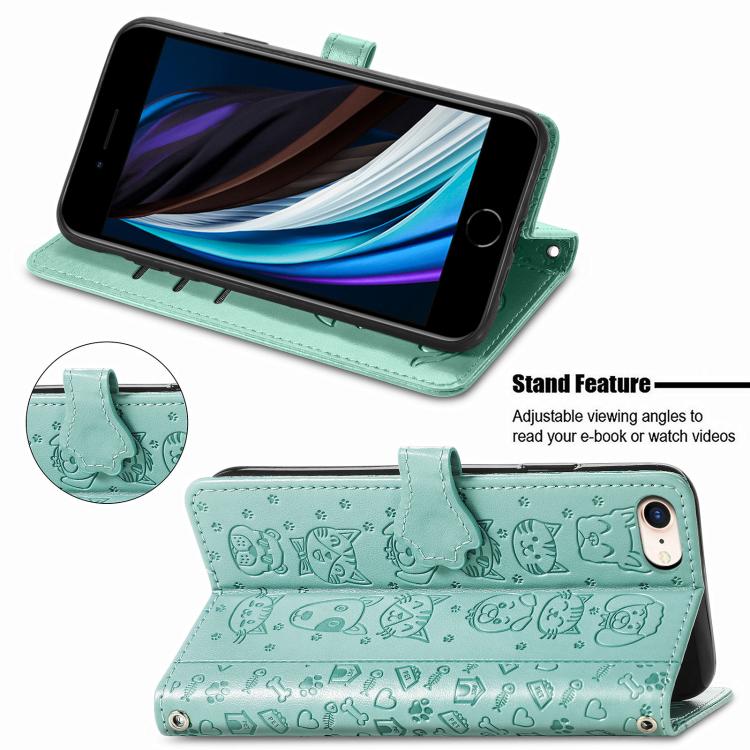 Funda de Piel para iPhone 16E con Estampado de Gato y Perro (Verde)