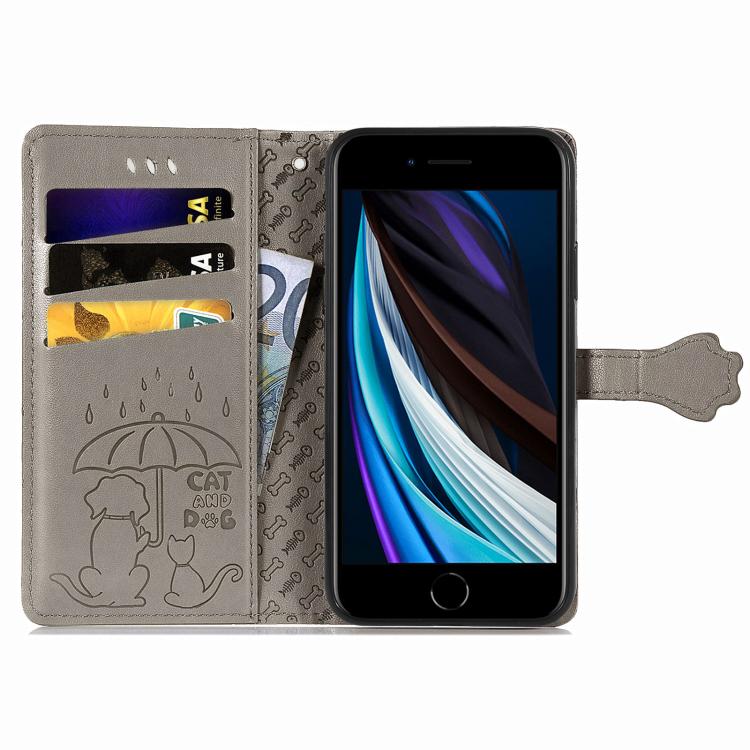 Funda de Piel con Relieve de Gato y Perro para iPhone 16E (Gris)
