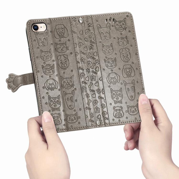 Funda de Piel con Relieve de Gato y Perro para iPhone 16E (Gris)