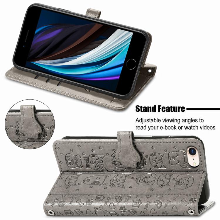 Funda de Piel con Relieve de Gato y Perro para iPhone 16E (Gris)