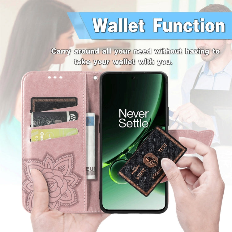 Funda de Cuero para OnePlus Ace 3 Pro con Relieve de Mariposa y Flor (Rosa)