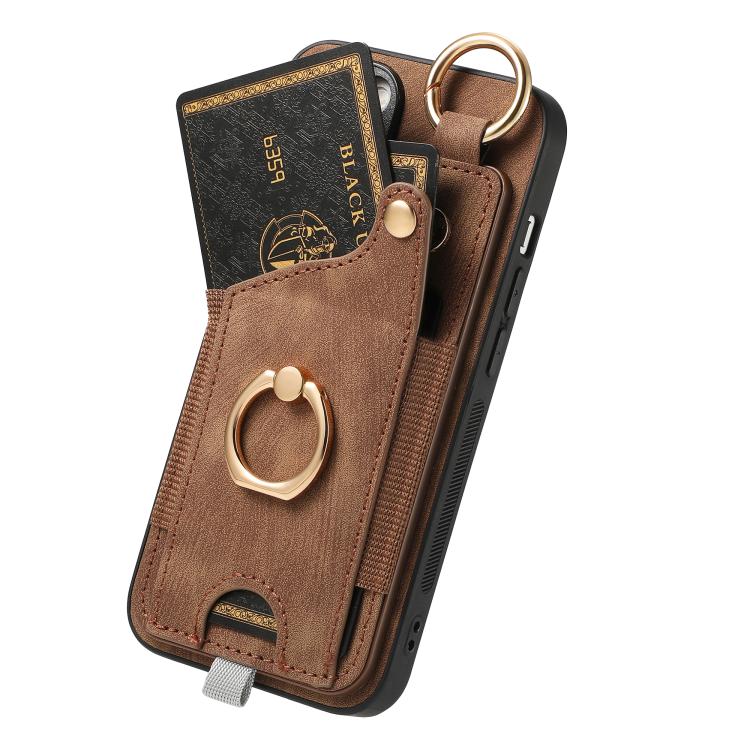 Funda para Teléfono iPhone 16E con Anillo Tarjetero Estilo Retro Asa para Colgar (Marrón)