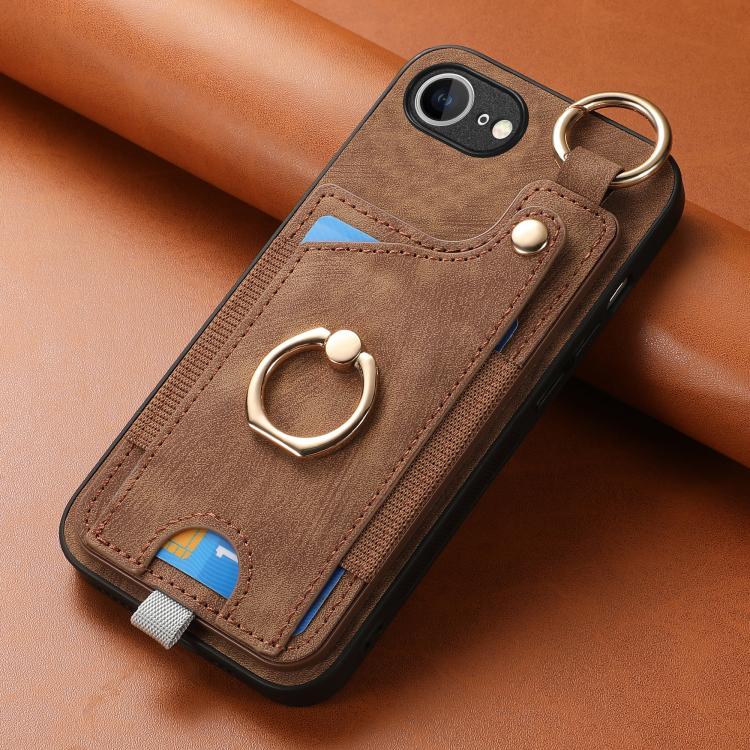 Funda para Teléfono iPhone 16E con Anillo Tarjetero Estilo Retro Asa para Colgar (Marrón)