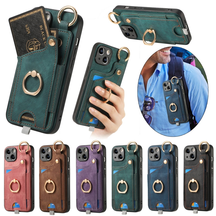 Funda para Teléfono iPhone 16E con Anillo Tarjetero Estilo Retro Asa para Colgar (Marrón)