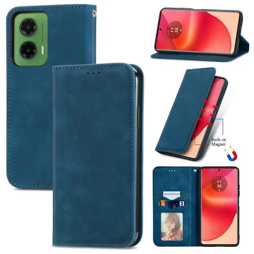 Funda de Cuero con Tapa Magnética y Tacto Retro para Motorola Moto G35 (Azul)