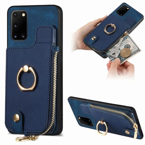 Estuche para teléfono Samsung Galaxy A21S con billetera, cremallera vertical y anillo de cuero cruzado (Púrpura)