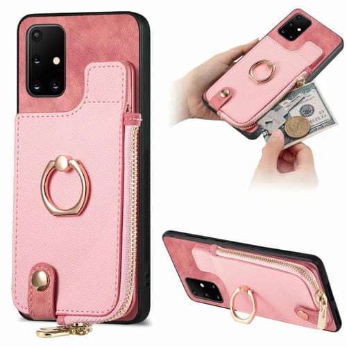 Funda para Teléfono Samsung Galaxy A51 5G con Anillo de Cuero Cruzado Cremallera Vertical y Billetera Trasera (Rosa)