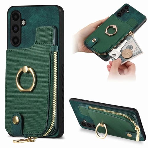 Funda para Teléfono Samsung Galaxy A34 5G con Anillo Cuero Cruzado Cremallera Vertical Billetera Trasera (Verde)