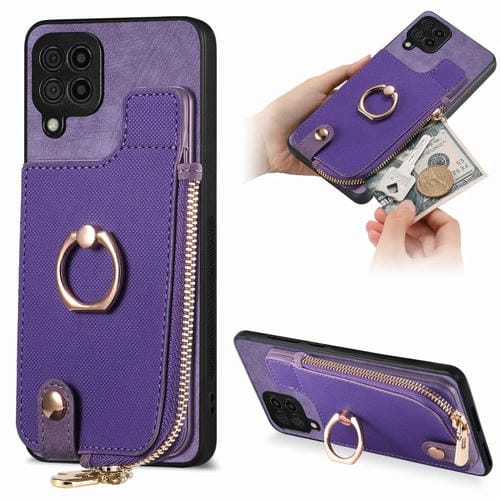 Funda para Teléfono Samsung Galaxy M33 5G con Anillo de Cuero Cruzado Cremallera Vertical y Billetera Trasera (Negro)