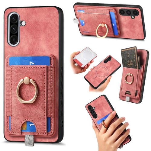 Funda de Cuero para Teléfono Samsung Galaxy A36 con Tarjetero Magnético Divisible Estilo Retro (Rosa)