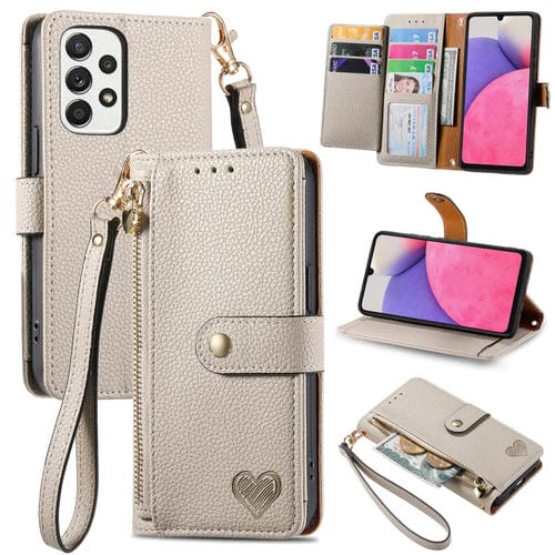Funda de Cuero para Samsung Galaxy A33 5G Love Zipper Lanyard para Teléfono (Gris)