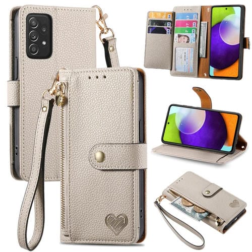 Funda de Cuero para Samsung Galaxy A52 5G Love Zipper Lanyard Teléfono (Gris)