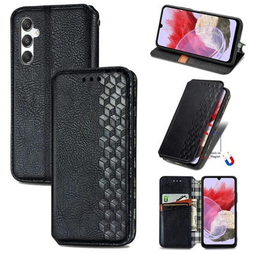 Funda para Teléfono Samsung Galaxy M34 5G Cuero Magnético Prensado Rejilla Cúbica (Negro)