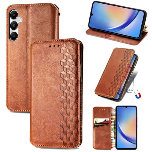 Funda para Teléfono Samsung Galaxy A35 5G Cuero Magnético Prensado Rejilla Cúbica (Marrón)