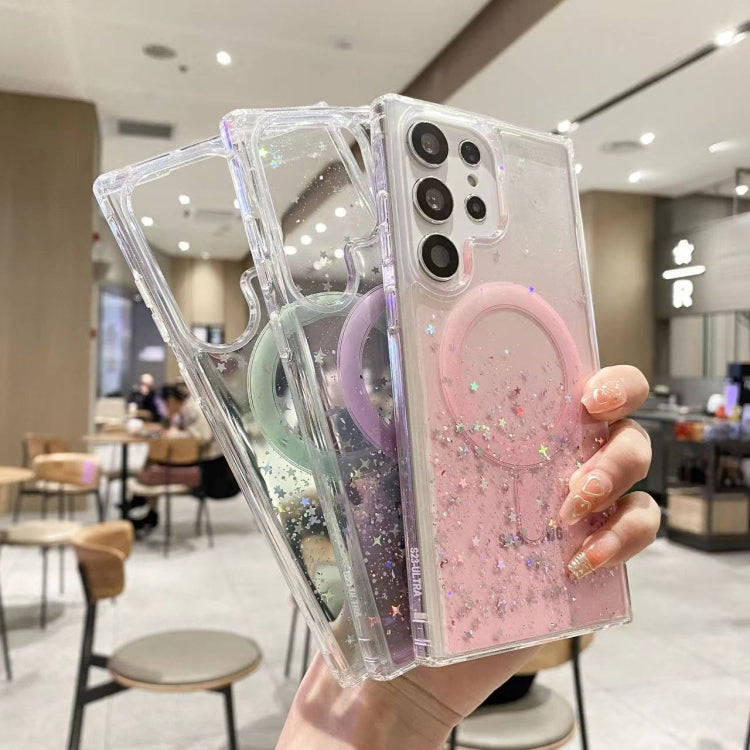 Funda híbrida de TPU transparente con purpurina y MagSafe para Samsung Galaxy S25 Ultra 5G (morada)