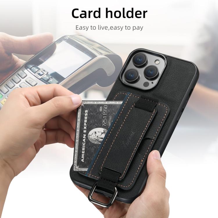 Funda para iPhone 16E Suteni H13 con Correa de Muñeca de Cuero de Lichi (Negra)