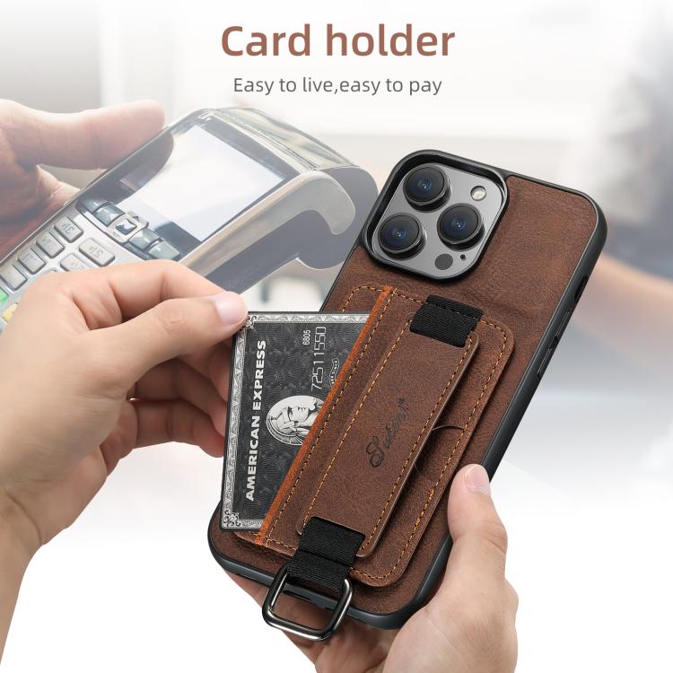 Funda para iPhone 16E Suteni H13 con Correa de Muñeca Cuero de Lichi (Marrón)
