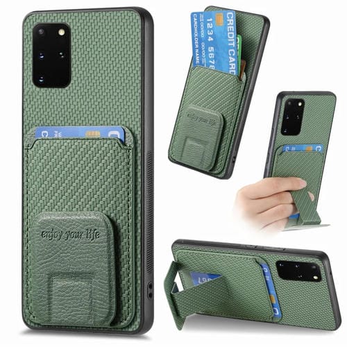 Funda para Teléfono Samsung Galaxy S20 con Soporte Plegable y Bolsa para Tarjetas Fibra de Carbono (Verde)