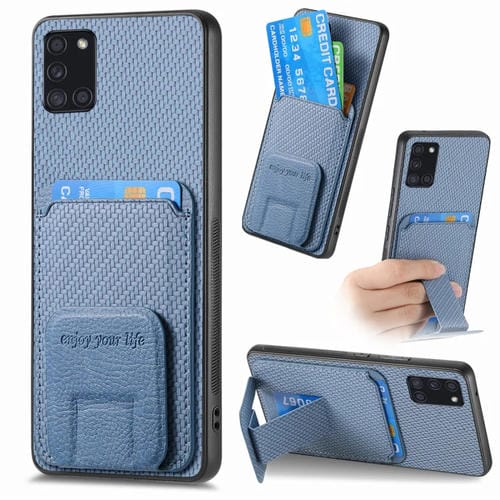Funda para Teléfono Samsung Galaxy A21S con Soporte Plegable y Bolsa para Tarjetas Fibra de Carbono (Azul)
