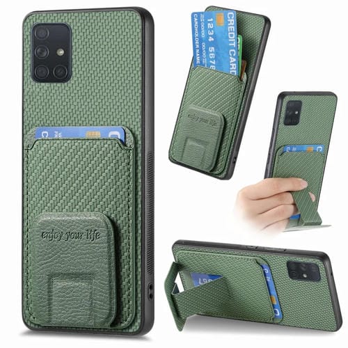 Funda para Teléfono Samsung Galaxy A51 con Soporte Plegable y Bolsa para Tarjetas de Fibra de Carbono (Verde)