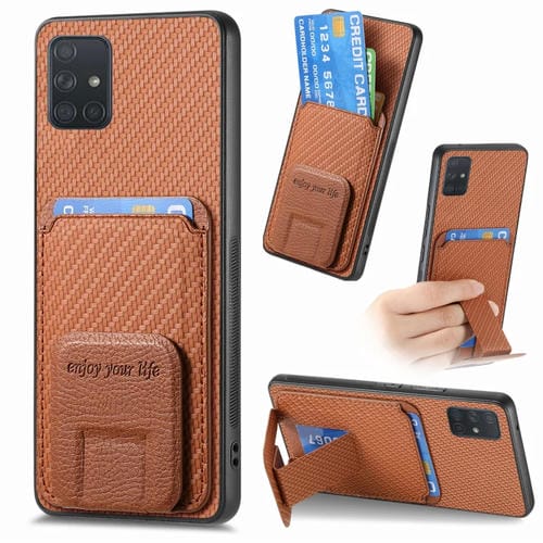 Funda para Teléfono Samsung Galaxy A71 con Soporte Plegable y Bolsa para Tarjetas de Fibra de Carbono (Marrón)