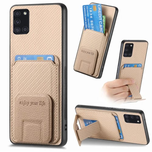 Funda para Teléfono Samsung Galaxy A31 con Soporte Plegable y Bolsa para Tarjetas de Fibra de Carbono (Caqui)