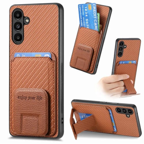 Funda para Teléfono Samsung Galaxy A35 5G con Soporte Plegable y Bolsa para Tarjetas de Fibra de Carbono (Marrón)