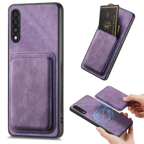 Funda de Teléfono Samsung Galaxy A50 Magnética con Bolso de Tarjeta Cuero Retro (Púrpura)