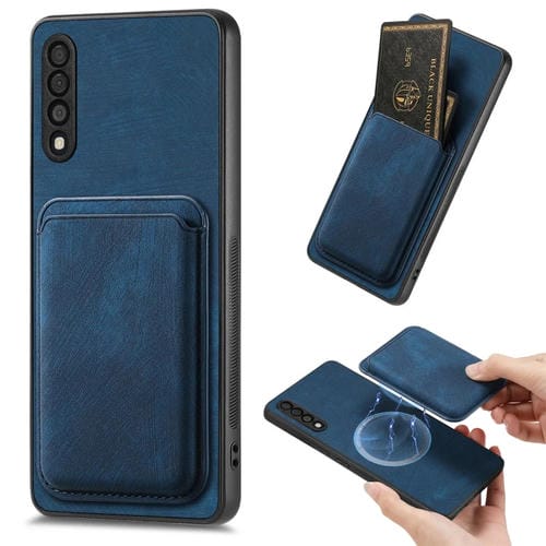 Funda de Teléfono Samsung Galaxy A30S Magnética con Bolsa de Tarjeta de Cuero Retro (Azul)