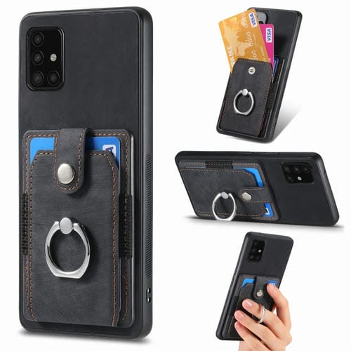 Funda para Teléfono Samsung Galaxy A51 con Billetera y Tarjeta con Anillo y Sensación de Piel Retro (Negro)
