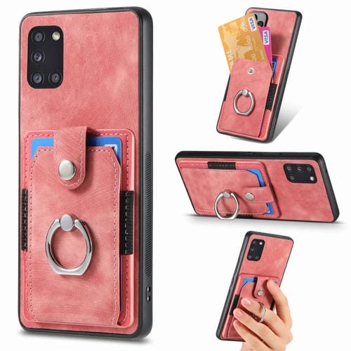Funda para Teléfono Samsung Galaxy A31 con Billetera y Tarjeta con Anillo Sensación de Piel Retro (Rosa)