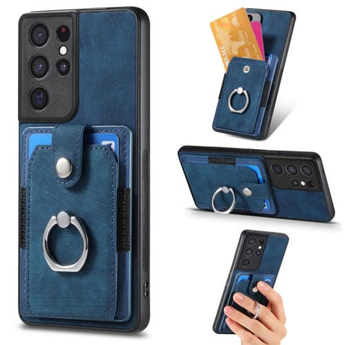 Funda para Teléfono Samsung Galaxy S21 Ultra 5G con Billetera y Tarjeta con Anillo (Azul)