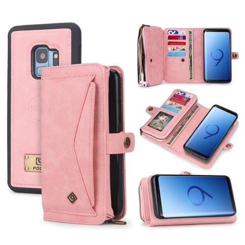 Funda de Cuero Samsung Galaxy S9 con Billetera y Cremallera Multifuncional (Rosa)