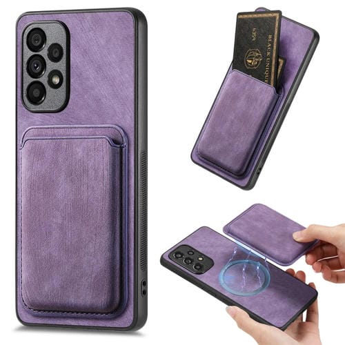 Funda de teléfono Samsung Galaxy A33 5G magnética con bolsa de tarjeta de cuero retro (Púrpura)