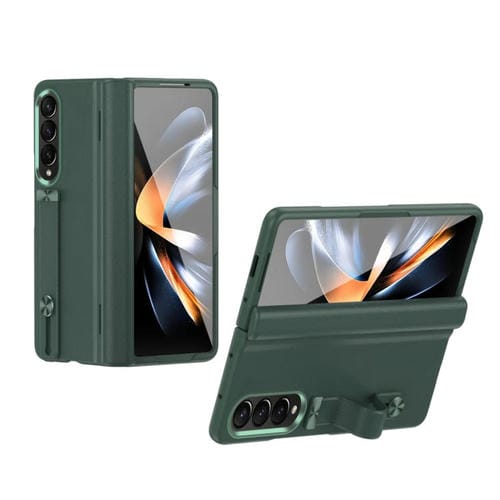 Funda para Teléfono Plegable Samsung Galaxy Z Fold4 Cuero Granulado con Soporte para Pulsera (Verde)